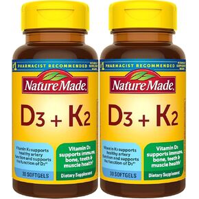 Nature Made Vitamin D3 K2, 5000 IU (125 mcg) Vitamin D, Dietary Supplement for Bone, Teeth, Muscle and Immune Health Support, 30 Softgels, 30 Day Supply - Pack of 2