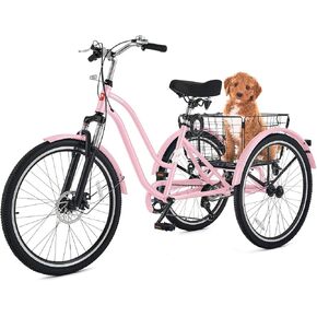 Viribus Adult Tricycle, Tricycle for Adults with Front Suspension and Removable Basket, 24 Inch 3 Wheel Bike for Adults 7 Speed Dual Chain, Adult Trike for Men Women Seniors, Pink, 400 lb.