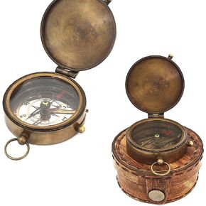 Navigational Compass Marine Brass Orange Leather Classic Case Magnetic Nautical Instrument Vintage Ornament
