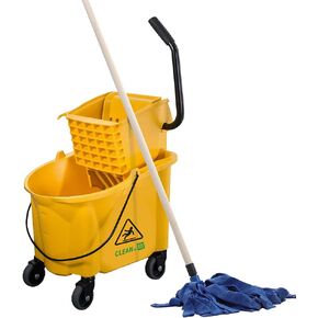 Restaurantware RW Clean 44.3 x 20.1 x 37.8 عربة تنظيف 1 عربة تنظيف شديدة التحمل - مع 3 أرفف حقيبة نايلون سعة 20 جالون عربة تنظيف منزلية بلاستيكية بعجلات للاستخدام التجاري
