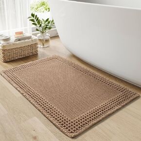 RESARE Waffle Bath Mat for Bathroom, Super Absorbent Bathroom Rugs Non Slip Machine Washable, Ultra Soft Boho Bath Rugs with Tassels for Bathroom Floor, Upgraded Bordered Design, 17"x24" Brown