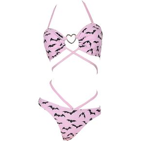 MEOWCOS Gothic Bat Pink Bikini Set Swimsuit Heart Buckle Halter Lace-up Top and Triangle Panty Bathing Suit Swimwear