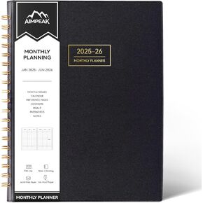 Monthly Planner 2025-2026, Monthly Calendar Planner, 18-Month Planner from Jan.2025-Jun.2026, 8.5" x 11", AIMPEAK Monthly Planner with Spiral Binding, Faux Leather, Black