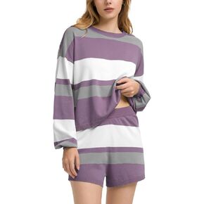 ZANZEA 2 Piece Lounge Sets for Women Knit Long Sleeve Pullover Tops and Short Sets Strip Vacation Outfits Casual Sweater Sets