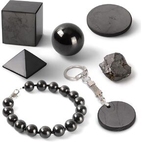 Pure Shungite Kit (7 PCs) — Polished Shungite Bracelet, Cube, Sphere, Pyramid, Bracelet, Granule and Keychain