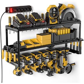 Power Tool Organizer Wall Mount with Charging Station, 7/8 Slots for Cordless Drill Hanger Storage, Tool Battery Holde with 4 Outlet Power Strip, Drill Holder Heavy Duty Garage Organizers