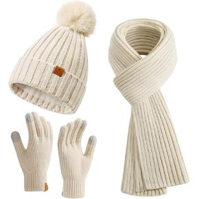 Winter Beanie Hat Scarf Gloves Set for Women with Fleece Lined Womens Beanie with Pom Pom Long Scarf Neck Warmer Touchscreen Gloves for Women Men Oatmeal