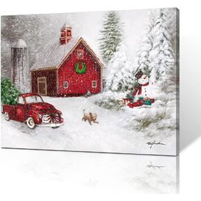 Kunstorner Christmas Wall Decor Red Truck Snowmen House Canvas Print Painting Wall Art Christmas Home Décor for Bathroom Bedroom Living Room Office Framed Ready to Hang(16"x12"x 1Panel)