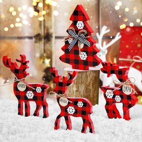 4 قطع من صينية عيد الميلاد اللطيفة ديكور داخلي، ديكورات خشبية لعيد الميلاد على شكل غزال الرنة وقطعة مركزية لشجرة عيد الميلاد، علامة غزال الرنة الريفية ديكور الأيائل للمنزل (منقوشة الجاموس الأحمر والأسود) in Kuwait