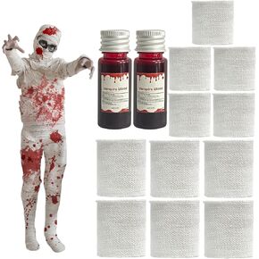 110 Yards 11 Rolls Halloween Mummy Bandage Wrap Costume Accessories, 2Pcs Halloween Washable Fake Blood, Halloween Mummy Cloth for Adult, Halloween Party Prop Cosplay Vampire Zombie Makeup Accessories