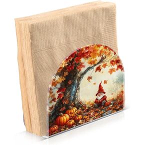 Fall Maple Leaves Tree Pumpkins Gnome Napkin Holder, Acrylic Napkin Holders for Table Cocktail Napkins Dispenser Paper Stand for Kitchen Dining Restaurant Home Bar