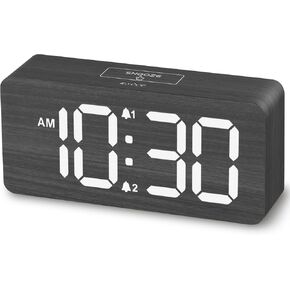 uscce Wooden Digital Alarm Clocks for Bedrooms: Dimmable Dual Alarm Clock with Large Numbers for Bedside Desk - Gray