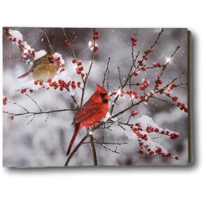 BANBERRY DESIGNS Lighted Cardinals in the Snow Canvas Print - LED Picture with Cardinal Couple and Holiday Berries Measures 11.75" X 15.75"