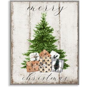 Stupell Industries Rustic Distressed Merry Christmas Tree Illustration Canvas Deborah Brown Wall Art, 16x20