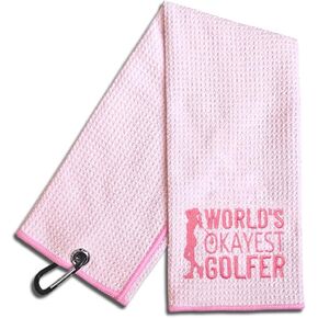 World's Okayest Golfer Embroidered Pink Golf Towel, Funny Golf Towels for Golf Bags with Clip, Female Golfer Gifts, Golf Gifts for Women Golfer Golf Lover, Woman Golf Towel