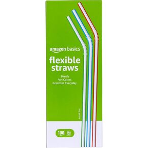 Amazon Basics Disposable Striped Plastic Flex Straws, Assorted Colors, 100 Count, Large Pack