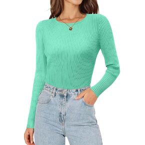 ONLYSHE Women's Casual Crewneck T Shirts Ribbed Knit Sweater Slim Fit Solid Basic Ladies Pullovers Fall Long Sleeve Tops