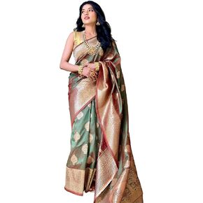 KNETLI Red Silk Saree for Women Indian Traditional Zari work Saree for Women's With Unstitched Blouse