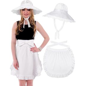 Newcotte 2 Pieces Colonial Costume Accessory Set Include White Mob Cap Bonnets for Women and Cosplay Half Apron