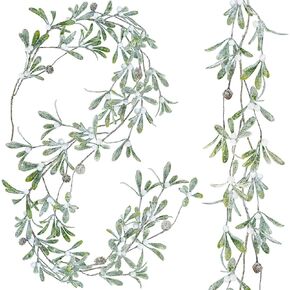 Winlyn 2 Pack Christmas Mistletoe Garlands 5.9Ft/Piece Snow Flocked Artificial Glittered Mistletoe White Berry and Pinecone Garlands Winter Garlands for Holiday Display Mantels Banisters Tablescapes