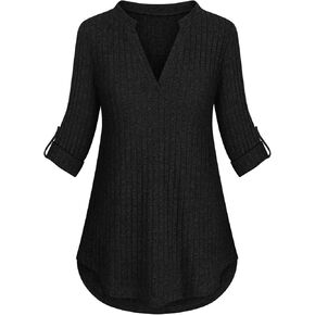 Viracy Womens 3/4 Roll Sleeve Shirt Notch V Neck Loose Pattern Tunic Top