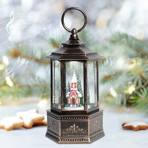 Christmas Snow Globes, 9.37" Church Glitter Water Lantern with Song, 6H Timer Battery & USB Powered Music Box for Christmas Decorations Indoor