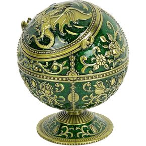 Windproof Large Ashtray with Flip Lid for Cigarettes, Portable Metal Dragon Print Home Decorative Ashtray for Patio Indoor Outdoor, Cone Incense Burner, Green Gold