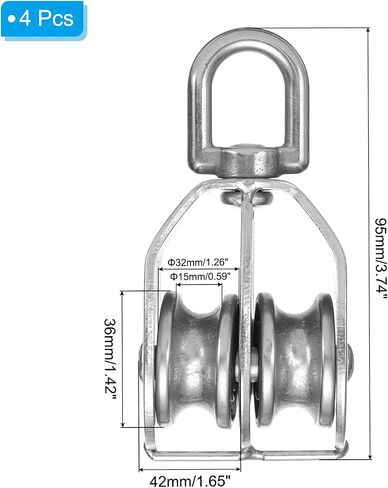 PATIKIL Double Pulley Block, 4pcs M15 304 Stainless Steel Wire Rope Lifting Crane Pulley Swivel Hook Hanging Pulley Wheel for Construction Warehouse Marine Industrial Home Use, Silver in Kuwait