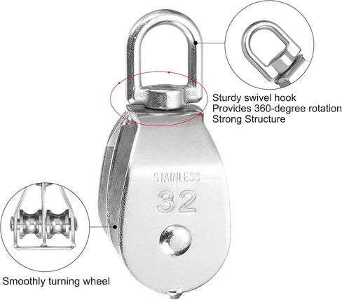 PATIKIL Double Pulley Block, 4pcs M15 304 Stainless Steel Wire Rope Lifting Crane Pulley Swivel Hook Hanging Pulley Wheel for Construction Warehouse Marine Industrial Home Use, Silver in Kuwait