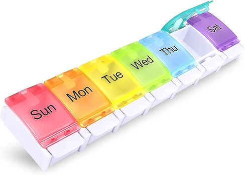 1Pcs Weekly Pill Box Organiser 7-Day Travel Dosset Box Portable Tablet Organizer Medicine Storage Box Pill Dispenser - 2 Times a Day for Pills/Fish Oil/Vitamins/Arthritis (Rainbow) in Kuwait