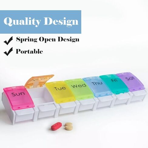 1Pcs Weekly Pill Box Organiser 7-Day Travel Dosset Box Portable Tablet Organizer Medicine Storage Box Pill Dispenser - 2 Times a Day for Pills/Fish Oil/Vitamins/Arthritis (Rainbow) in Kuwait