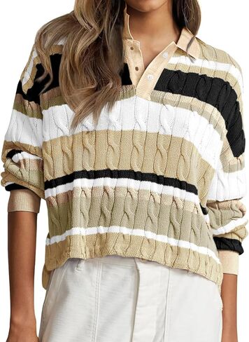 Cicy Bell Womens Color Block Polo Sweater Striped Long Sleeve Shirts Fall Winter Cropped Knit Pullover Tops in Saudi Arabia