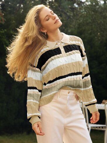 Cicy Bell Womens Color Block Polo Sweater Striped Long Sleeve Shirts Fall Winter Cropped Knit Pullover Tops in Saudi Arabia