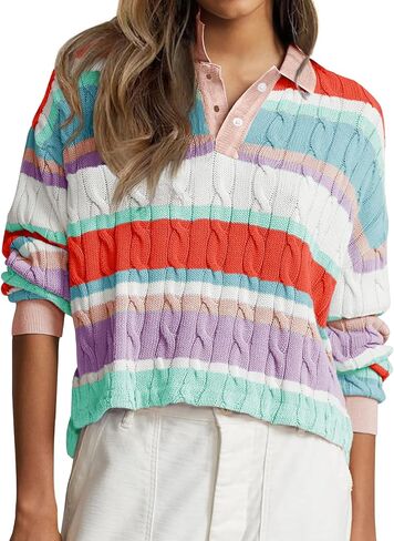 Cicy Bell Womens Color Block Polo Sweater Striped Long Sleeve Shirts Fall Winter Cropped Knit Pullover Tops in Saudi Arabia