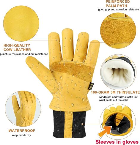 DLY Winter Leather Work Gloves for Men, 3M Thinsulate Insulation, Waterproof, Abrasion & Puncture Resistant, Cowhide Leather in Kuwait