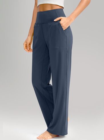 سراويل Soothfeel واسعة الساق للنساء، سراويل عمل اليوغا مع جيوب، سراويل رياضية عالية الخصر، سراويل صغيرة/طويلة 28 بوصة (أزرق مترب، XL) in Kuwait