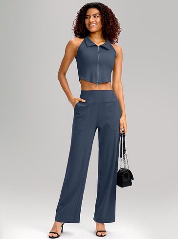 سراويل Soothfeel واسعة الساق للنساء، سراويل عمل اليوغا مع جيوب، سراويل رياضية عالية الخصر، سراويل صغيرة/طويلة 28 بوصة (أزرق مترب، XL) in Kuwait