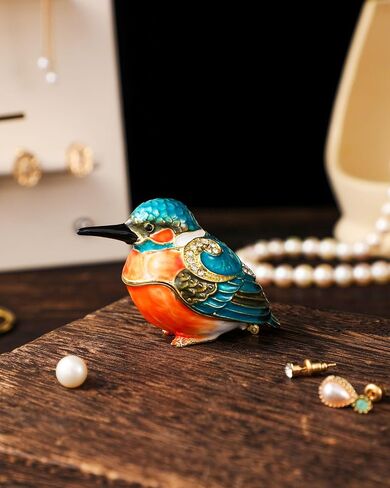 Hand Painted Trinket Box Enamel Vintage Jewelry Box Hinged Metal Jewelry Organizer Decorative Treasure Box Unique Gifts Robin Bird in Kuwait