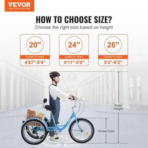 VEVOR Three-Wheeled Bicycles Adult Tricycles Bike, 3 Wheel Bikes Trikes, Carbon Steel Cruiser Bike with Basket & Adjustable Seat, Picnic Shopping Tricycles for Seniors, Women, Men in Saudi Arabia