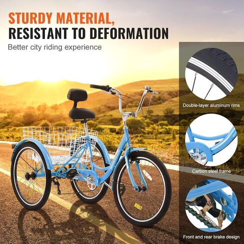 VEVOR Three-Wheeled Bicycles Adult Tricycles Bike, 3 Wheel Bikes Trikes, Carbon Steel Cruiser Bike with Basket & Adjustable Seat, Picnic Shopping Tricycles for Seniors, Women, Men in Saudi Arabia