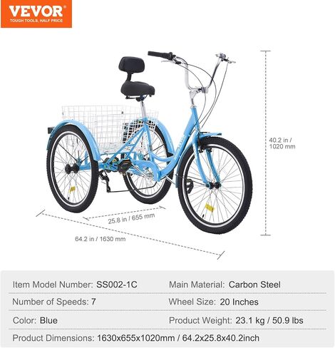 VEVOR Three-Wheeled Bicycles Adult Tricycles Bike, 3 Wheel Bikes Trikes, Carbon Steel Cruiser Bike with Basket & Adjustable Seat, Picnic Shopping Tricycles for Seniors, Women, Men in Saudi Arabia