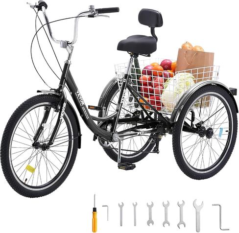 VEVOR Three-Wheeled Bicycles Adult Tricycles Bike, 3 Wheel Bikes Trikes, Carbon Steel Cruiser Bike with Basket & Adjustable Seat, Picnic Shopping Tricycles for Seniors, Women, Men in Saudi Arabia