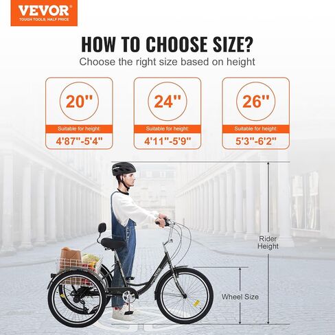 VEVOR Three-Wheeled Bicycles Adult Tricycles Bike, 3 Wheel Bikes Trikes, Carbon Steel Cruiser Bike with Basket & Adjustable Seat, Picnic Shopping Tricycles for Seniors, Women, Men in Saudi Arabia