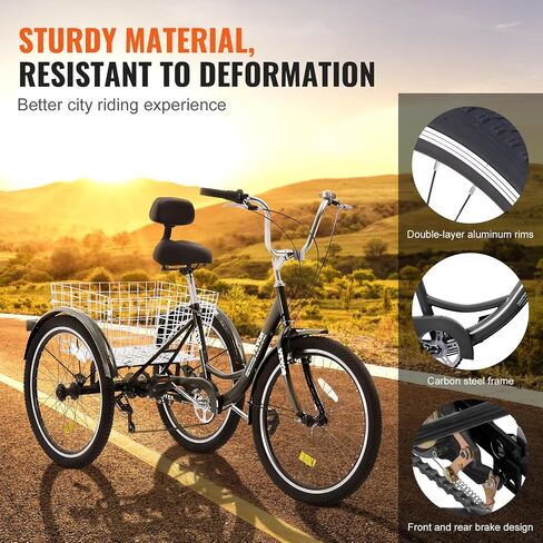 VEVOR Three-Wheeled Bicycles Adult Tricycles Bike, 3 Wheel Bikes Trikes, Carbon Steel Cruiser Bike with Basket & Adjustable Seat, Picnic Shopping Tricycles for Seniors, Women, Men in Saudi Arabia