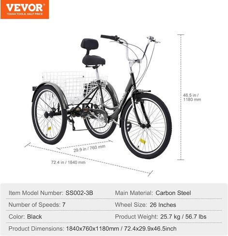 VEVOR Three-Wheeled Bicycles Adult Tricycles Bike, 3 Wheel Bikes Trikes, Carbon Steel Cruiser Bike with Basket & Adjustable Seat, Picnic Shopping Tricycles for Seniors, Women, Men in Saudi Arabia