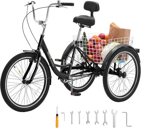 VEVOR Three-Wheeled Bicycles Adult Tricycles Bike, 3 Wheel Bikes Trikes, Carbon Steel Cruiser Bike with Basket & Adjustable Seat, Picnic Shopping Tricycles for Seniors, Women, Men in Saudi Arabia
