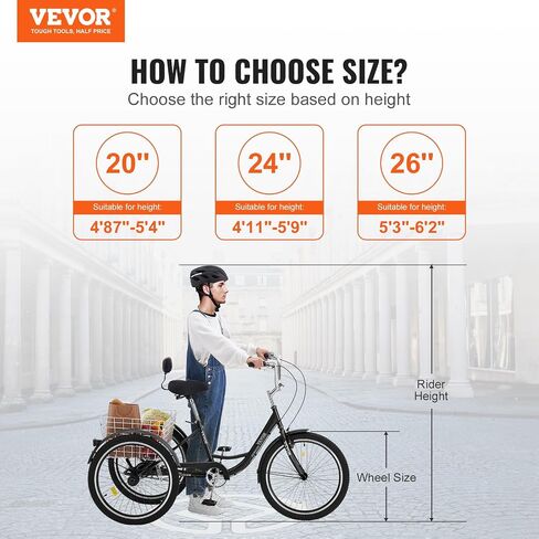 VEVOR Three-Wheeled Bicycles Adult Tricycles Bike, 3 Wheel Bikes Trikes, Carbon Steel Cruiser Bike with Basket & Adjustable Seat, Picnic Shopping Tricycles for Seniors, Women, Men in Saudi Arabia