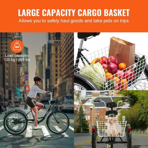 VEVOR Three-Wheeled Bicycles Adult Tricycles Bike, 3 Wheel Bikes Trikes, Carbon Steel Cruiser Bike with Basket & Adjustable Seat, Picnic Shopping Tricycles for Seniors, Women, Men in Saudi Arabia