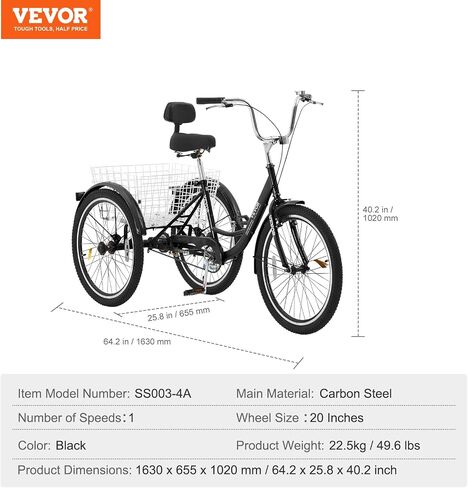 VEVOR Three-Wheeled Bicycles Adult Tricycles Bike, 3 Wheel Bikes Trikes, Carbon Steel Cruiser Bike with Basket & Adjustable Seat, Picnic Shopping Tricycles for Seniors, Women, Men in Saudi Arabia