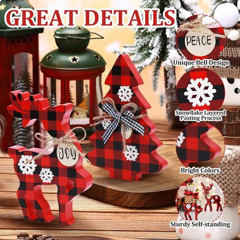 4 قطع من صينية عيد الميلاد اللطيفة ديكور داخلي، ديكورات خشبية لعيد الميلاد على شكل غزال الرنة وقطعة مركزية لشجرة عيد الميلاد، علامة غزال الرنة الريفية ديكور الأيائل للمنزل (منقوشة الجاموس الأحمر والأسود) in Kuwait